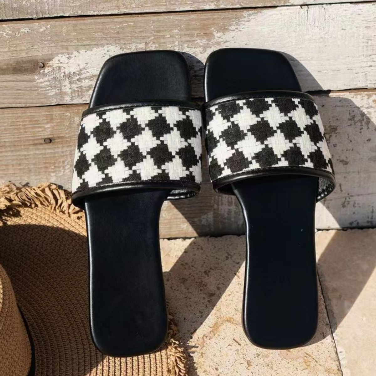 Plaid Open Toe Flat Sandals - Babbazon New Products