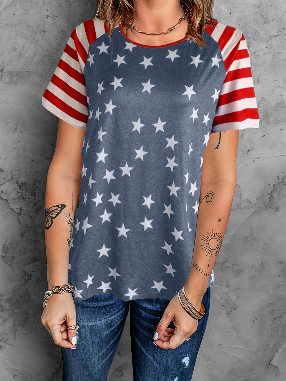 Full Size Star Striped Round Neck Short Sleeve T-Shirt - Babbazon New Products