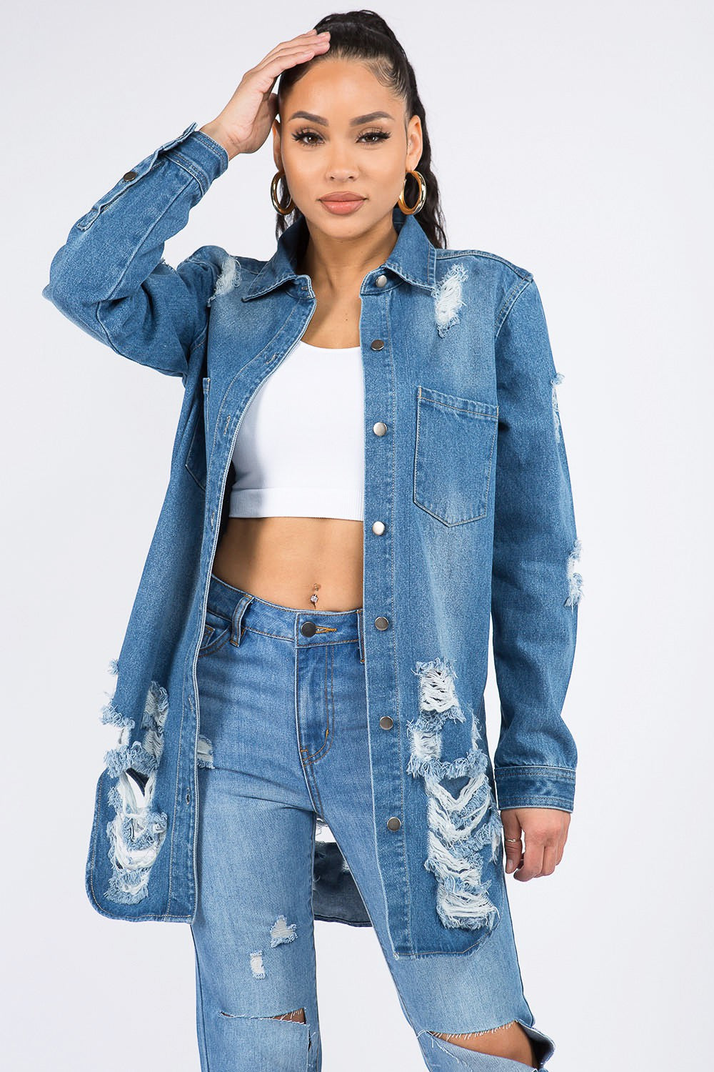 American Bazi Distressed Button Down Denim Shirt Jacket 