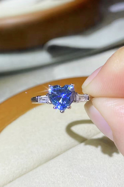 1 Carat Moissanite Heart-Shaped Platinum-Plated Ring in Blue 