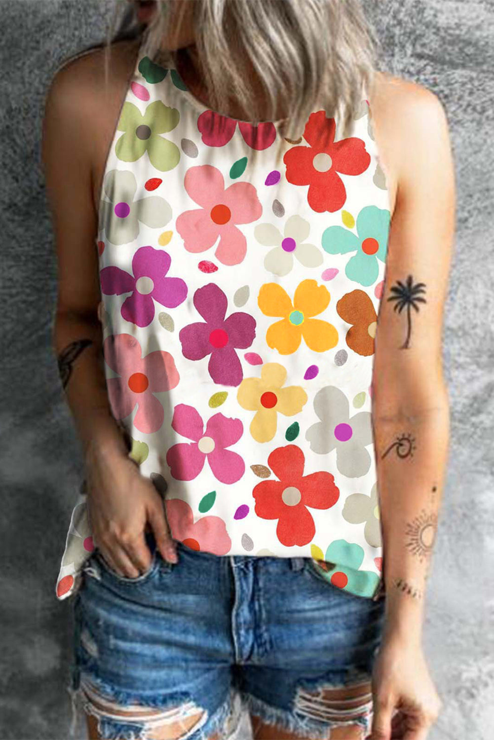 Flower Printed Round Neck Tank - Babbazon New Products