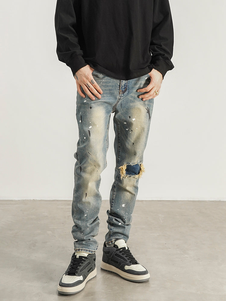 Slim-fit Slim-fit Jeans With Splashed Ink And Ripped Patches