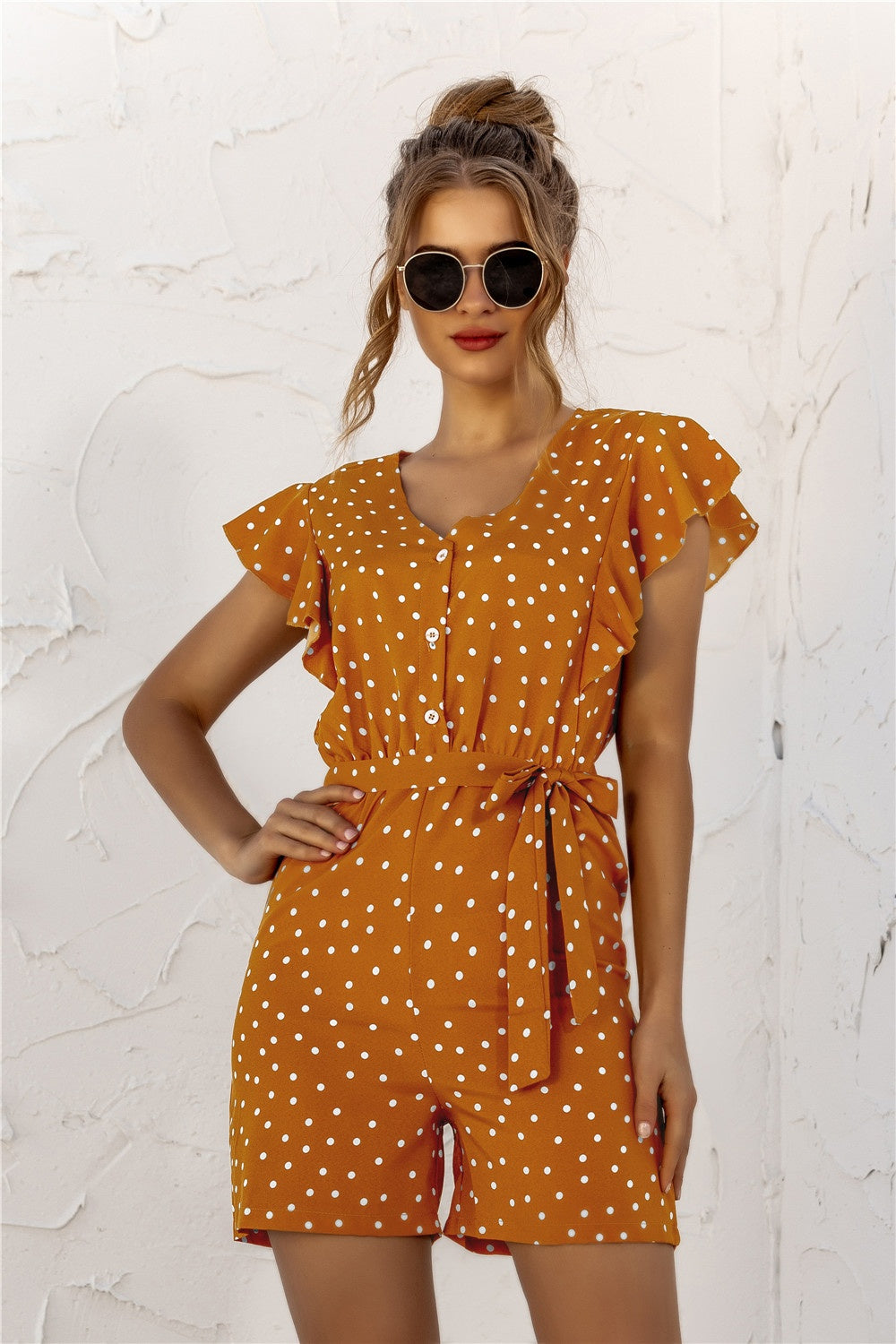 Ruffled Polka Dot Half Button Romper 