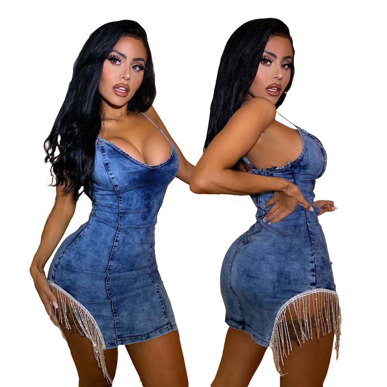 Women's Fringed Strap Denim Sequin Dress