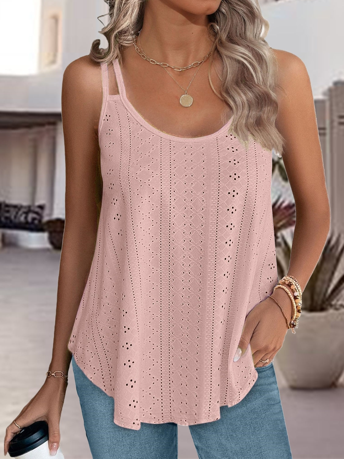 Eyelet Scoop Neck Spaghetti Strap Cami - Babbazon Camisole