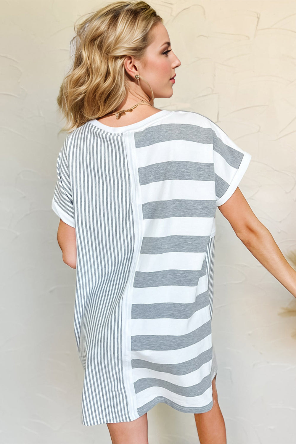 OH Full Size Striped Round Neck Short Sleeve Mini Tee Dress