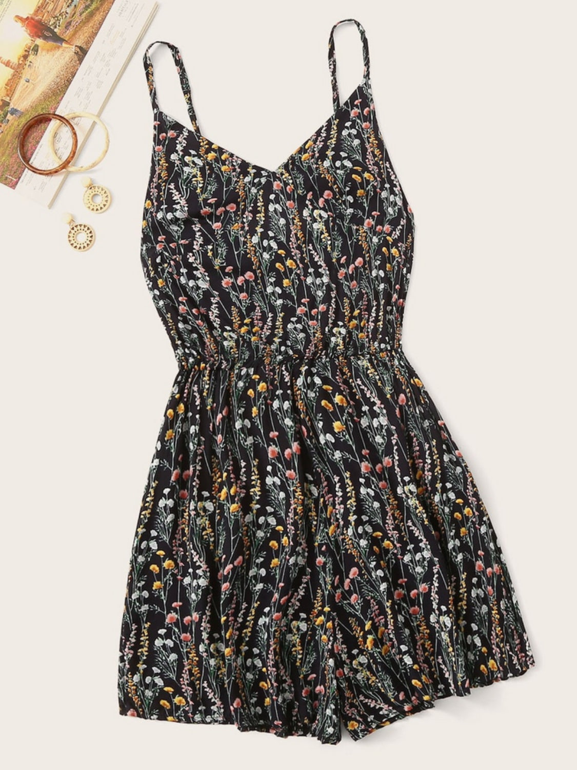 Printed V-Neck Spaghetti Strap Romper - Babbazon new