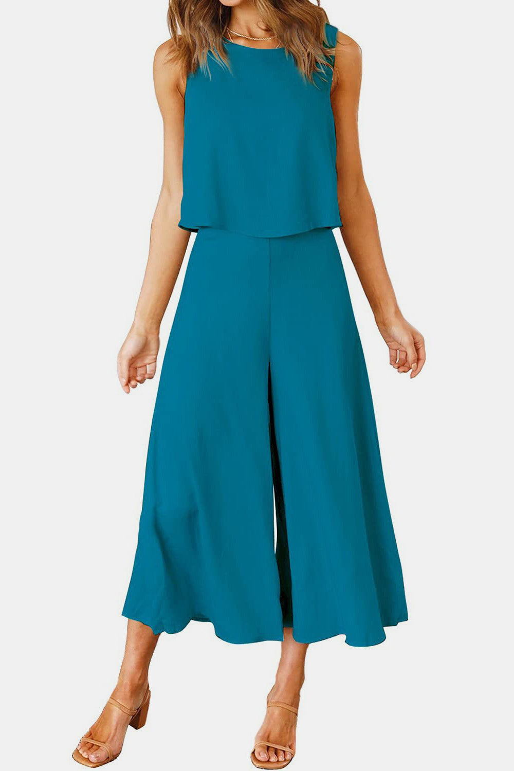 Round Neck Top and Wide Leg Pants Set - Babbazon New Products