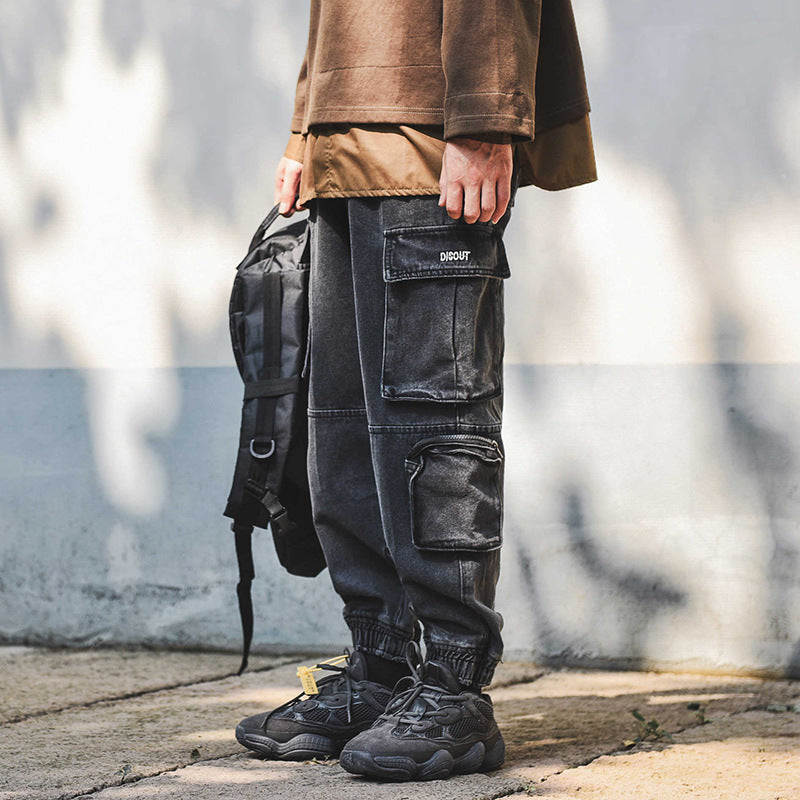 American Washed Distressed Denim Casual Pants Cargo Drawstring Pants