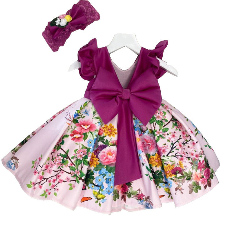 European And American Children's Dress Skirt Printing V-back Bow