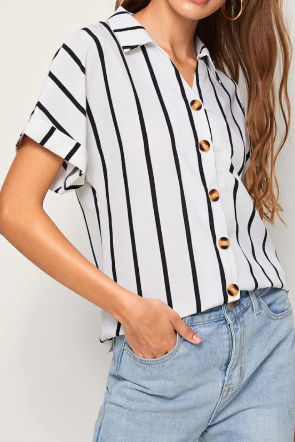 Striped Button Up Short Sleeve Shirt - Babbazon