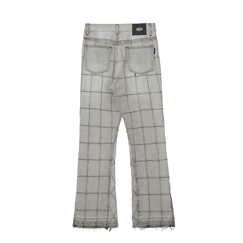 Patchwork Checked Raw Edge Jeans Men's Loose Straight Leg Pants