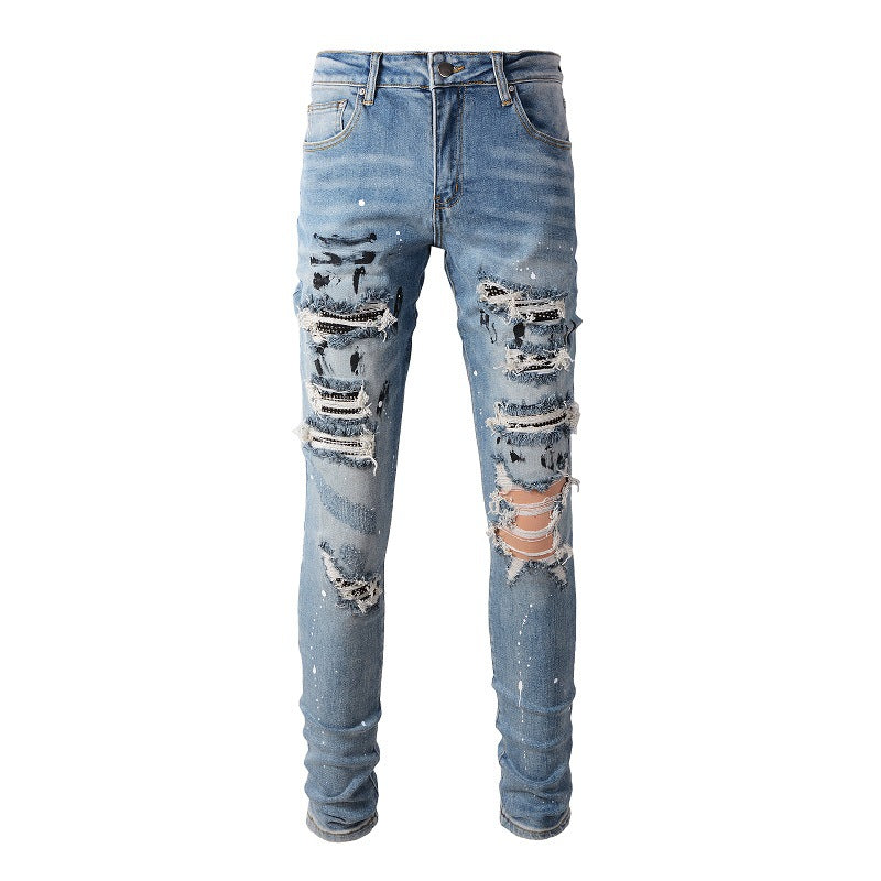 Splash Ink Graffiti Diamond Men's Jeans Ripped Holes Paint Stretch Slim Fit