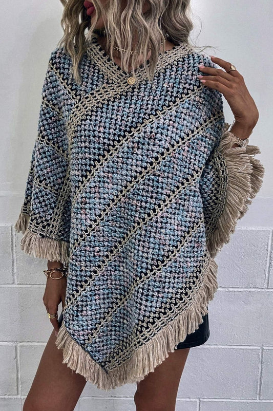 V-Neck Fringe Hem Poncho 