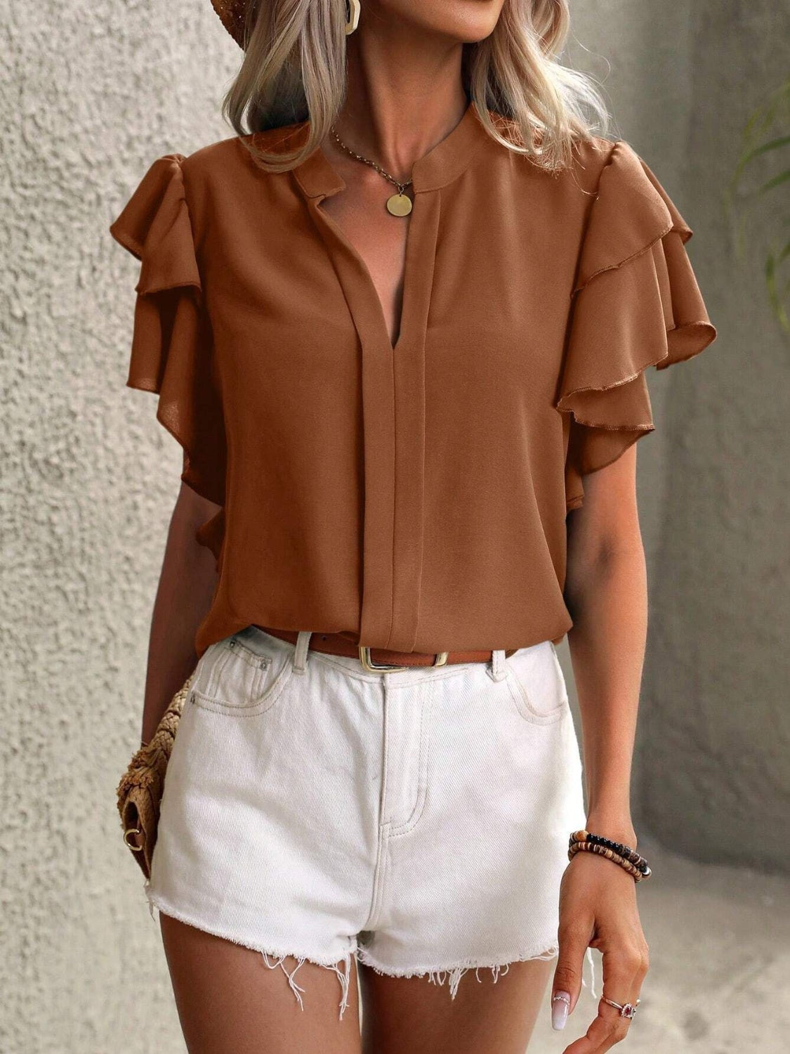 Ruffled Notched Short Sleeve Blouse - Babbazon Camisole