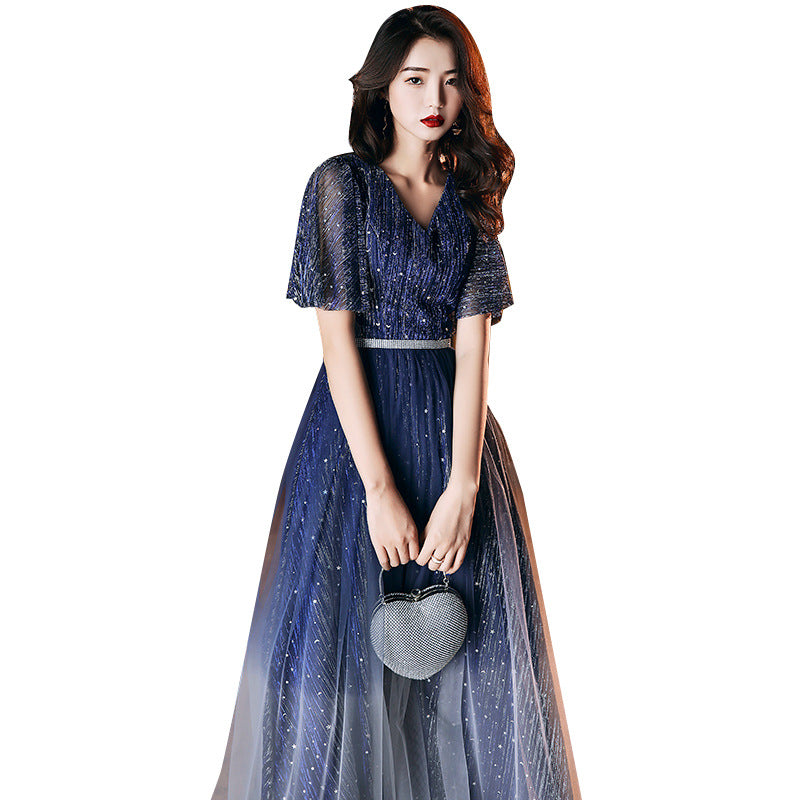 Sequin Blue V-Neck Slim Long Dress