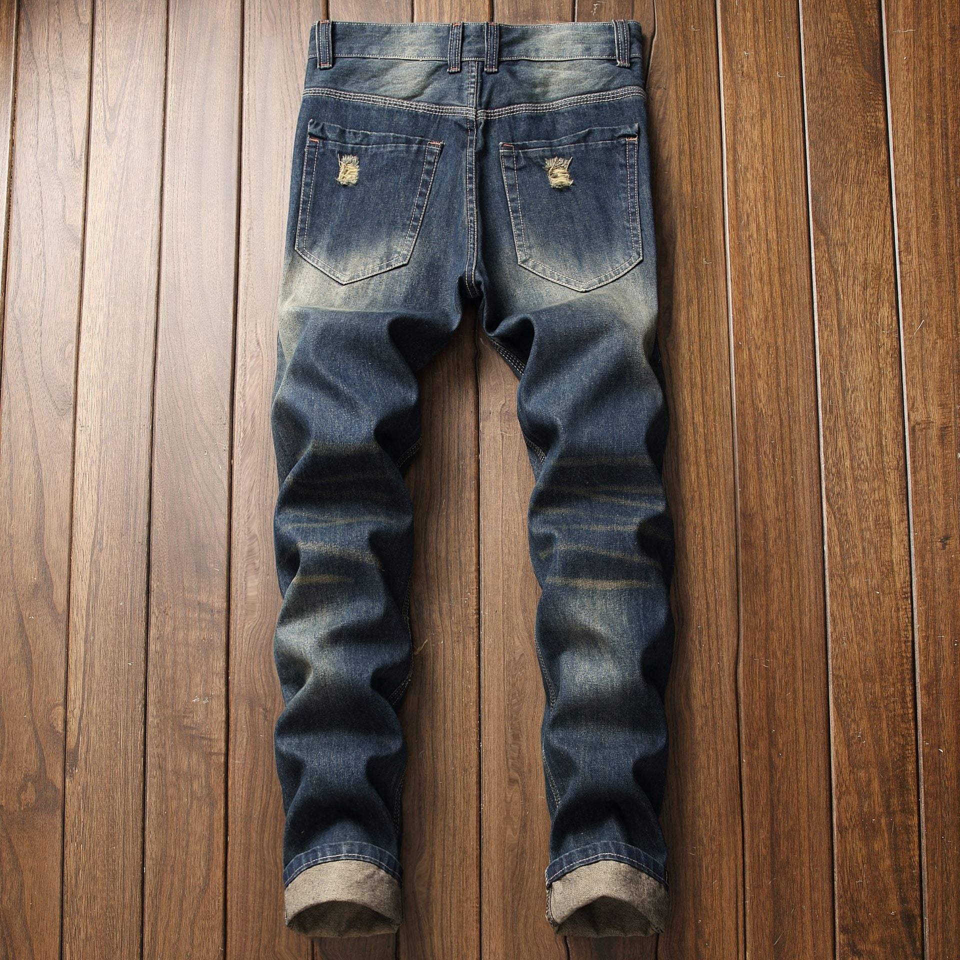 Hole-cut slim straight jeans