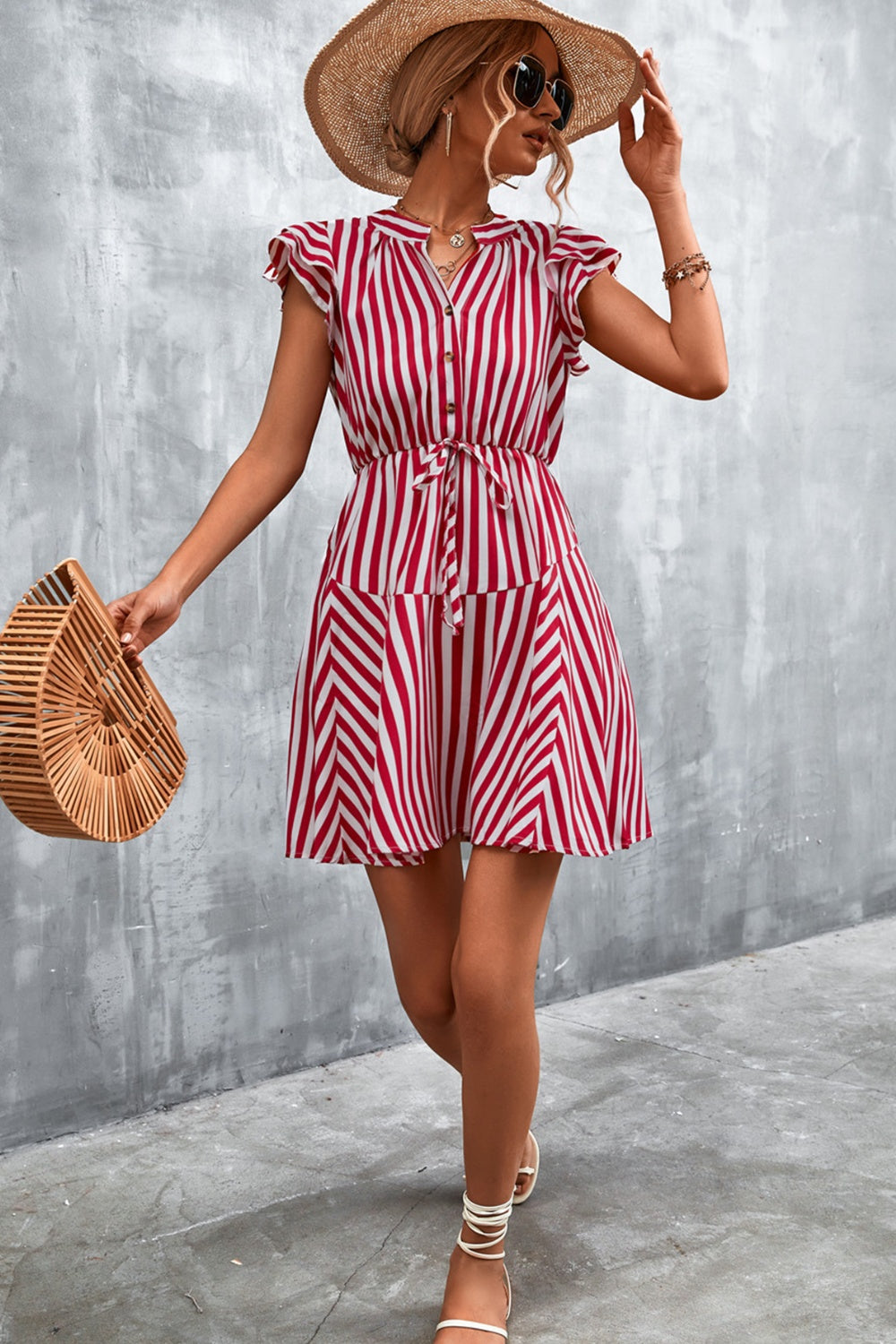 Ruffled Striped Cap Sleeve Mini Dress 