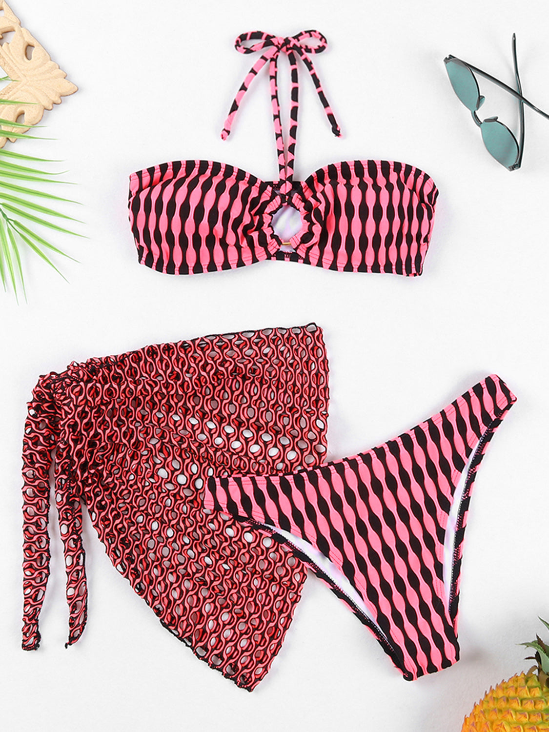 Geometric Halter Neck Three-Piece Swim Set - Babbazon new