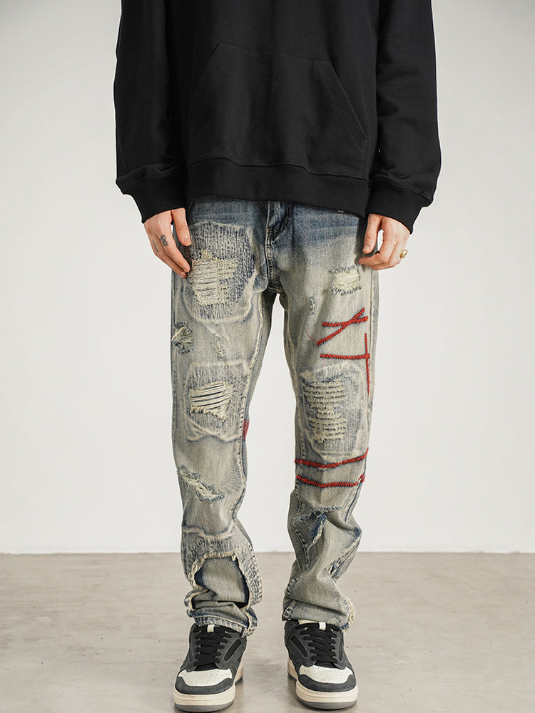 Patched Red Line Straight-leg Jeans