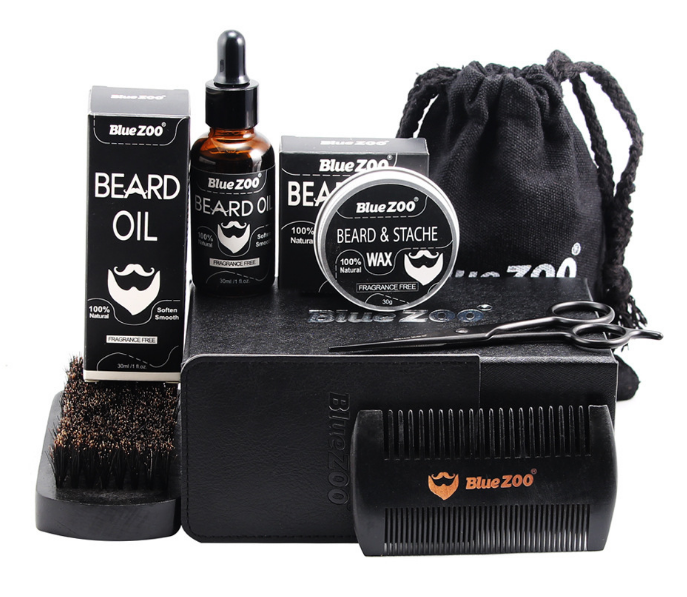 Black Bluezoo Beard Set Beard Oil Beard Wax Double Side Comb Brush Bag Small Scissors 7 Piece Set