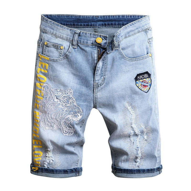 Stretch Denim Shorts Men's Five-point Pants Embroidery