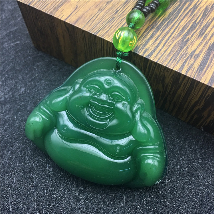 New Retro Jade-like Guanyin Buddha Pendant Emerald Dragon Sweater Chain Necklace