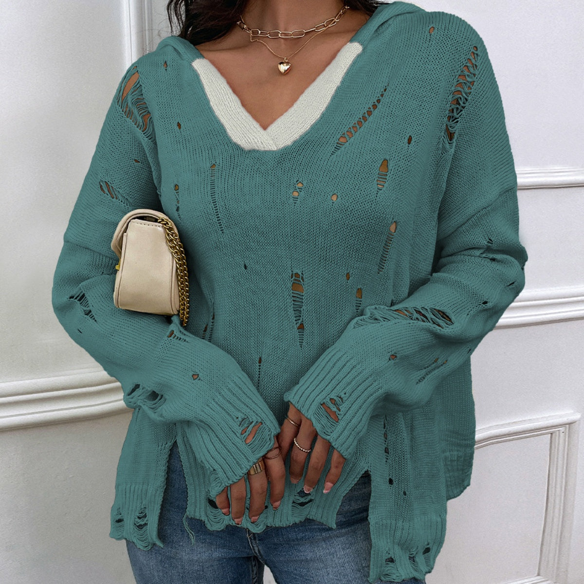 Distressed Slit Drop Shoulder Hooded Sweater 