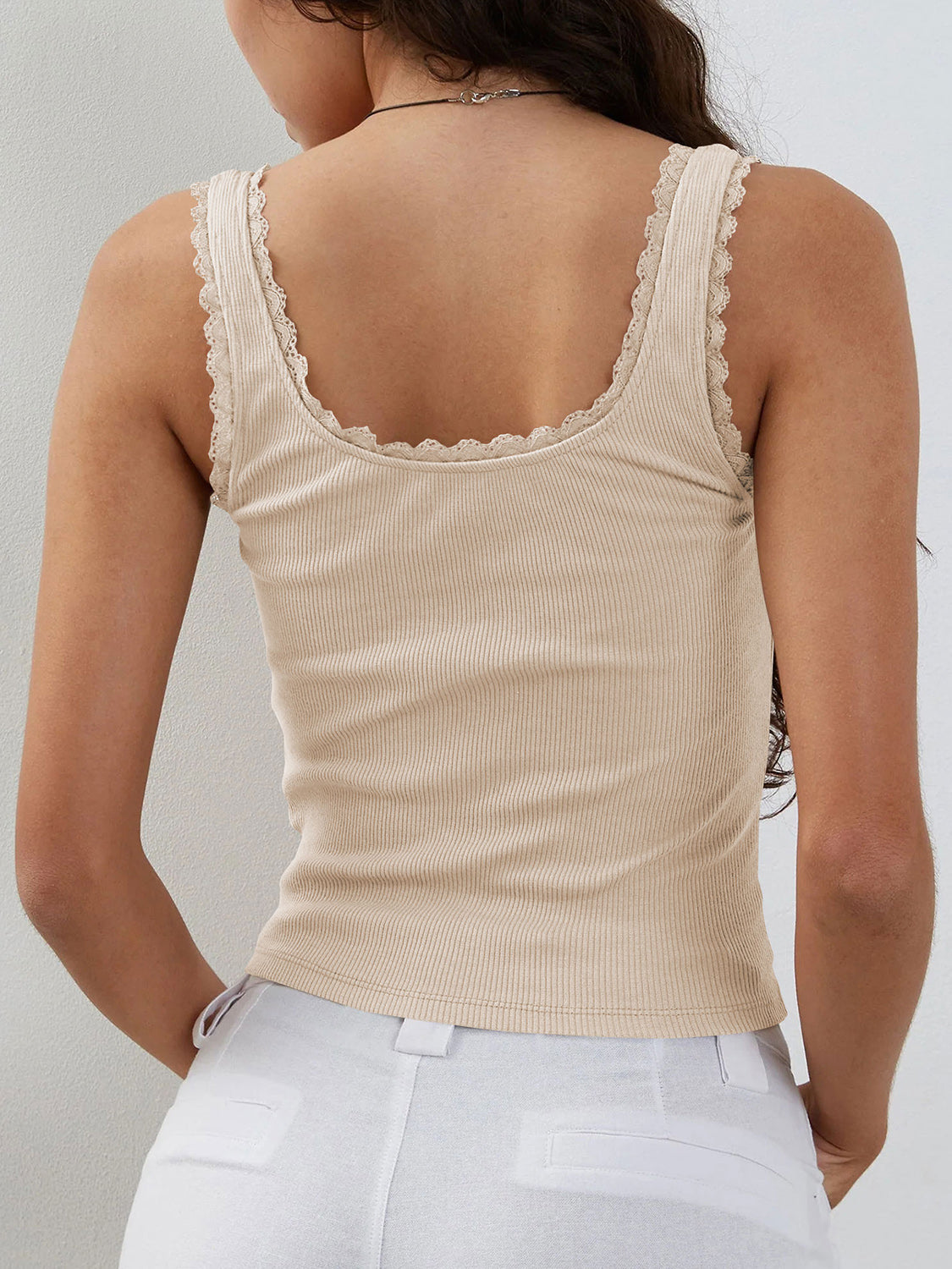 Lace Detail Square Neck Tank - Babbazon new