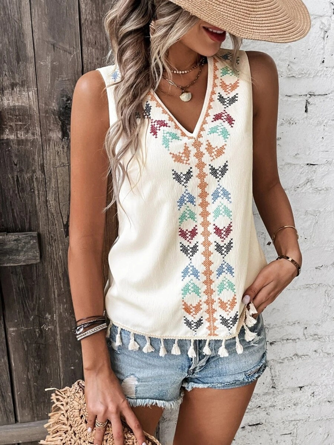 Tassel Printed V-Neck Tank - Babbazon New Products