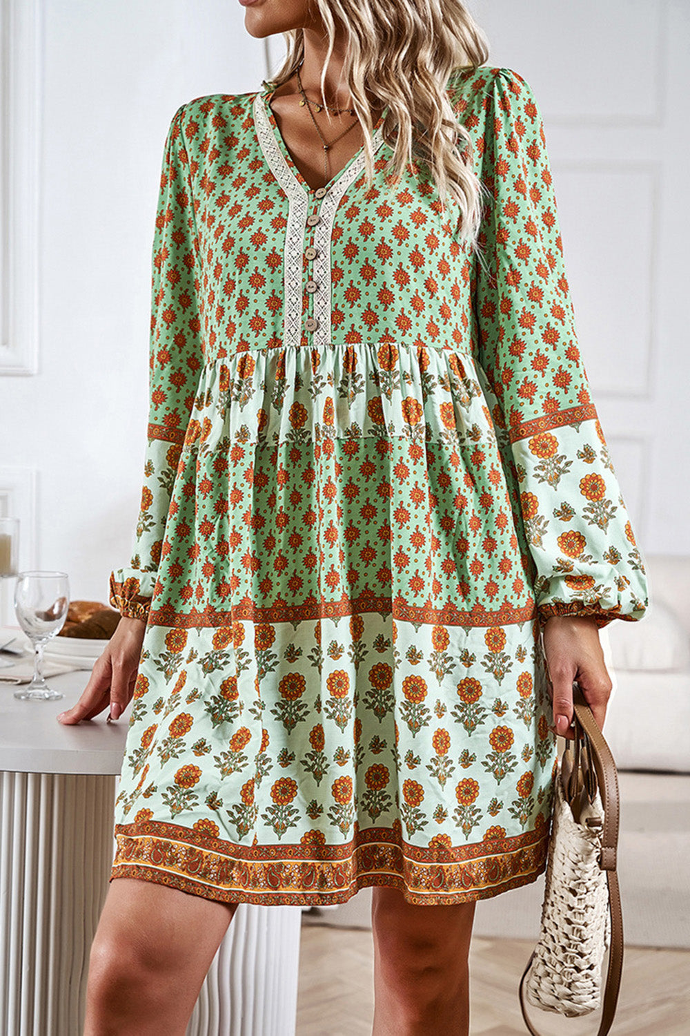 Printed V-Neck Long Sleeve Dress - Babbazon New Products