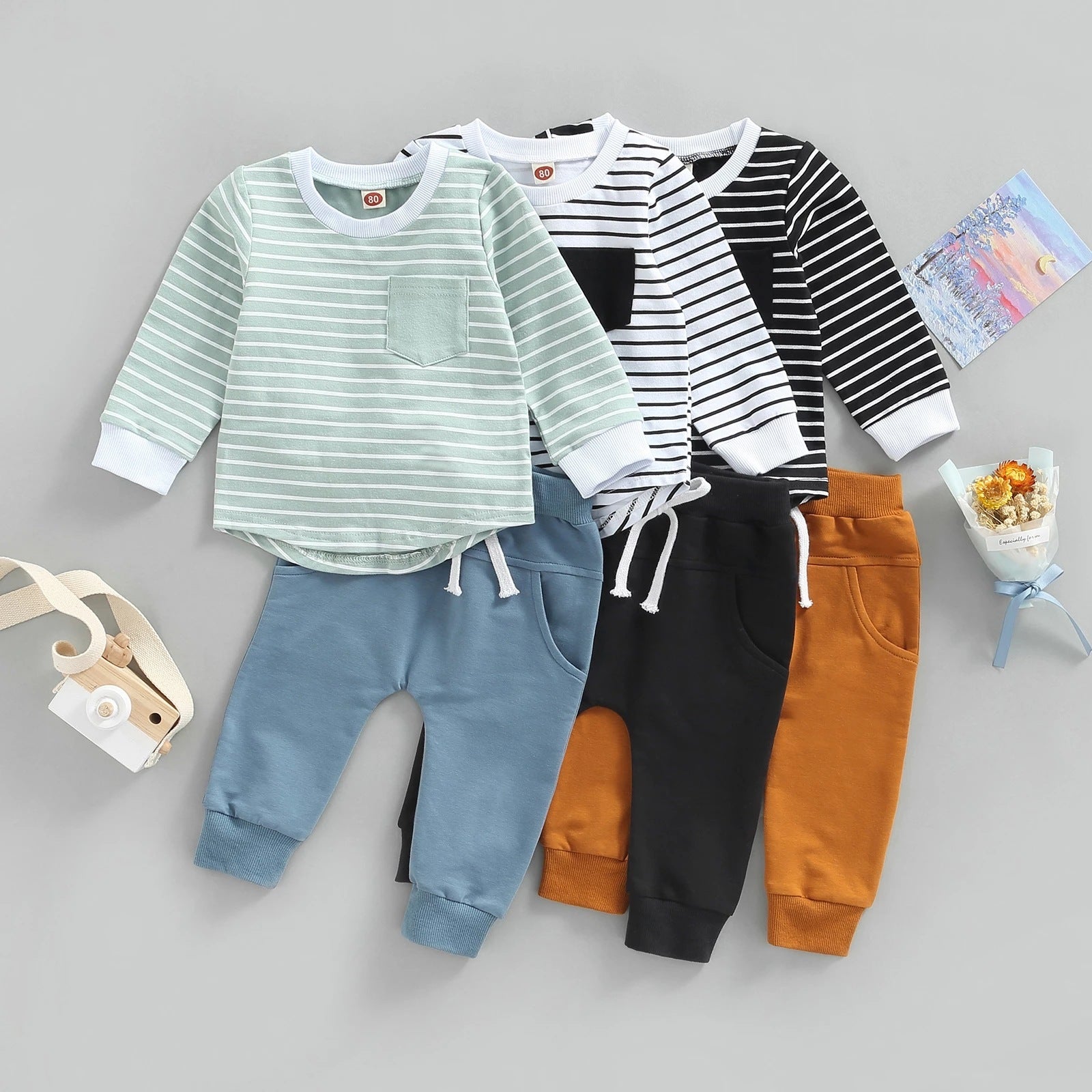 Children's Striped Long Sleeve Round Neck T-shirt Trousers Set