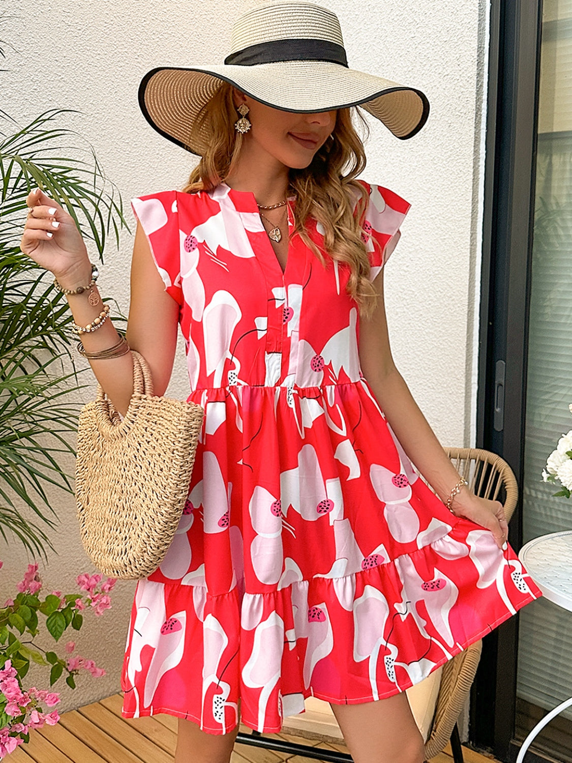 Printed Notched Cap Sleeve Dress - Babbazon New Products