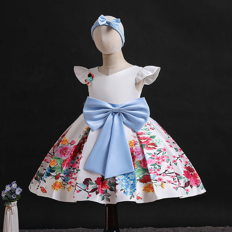 European And American Children's Dress Skirt Printing V-back Bow