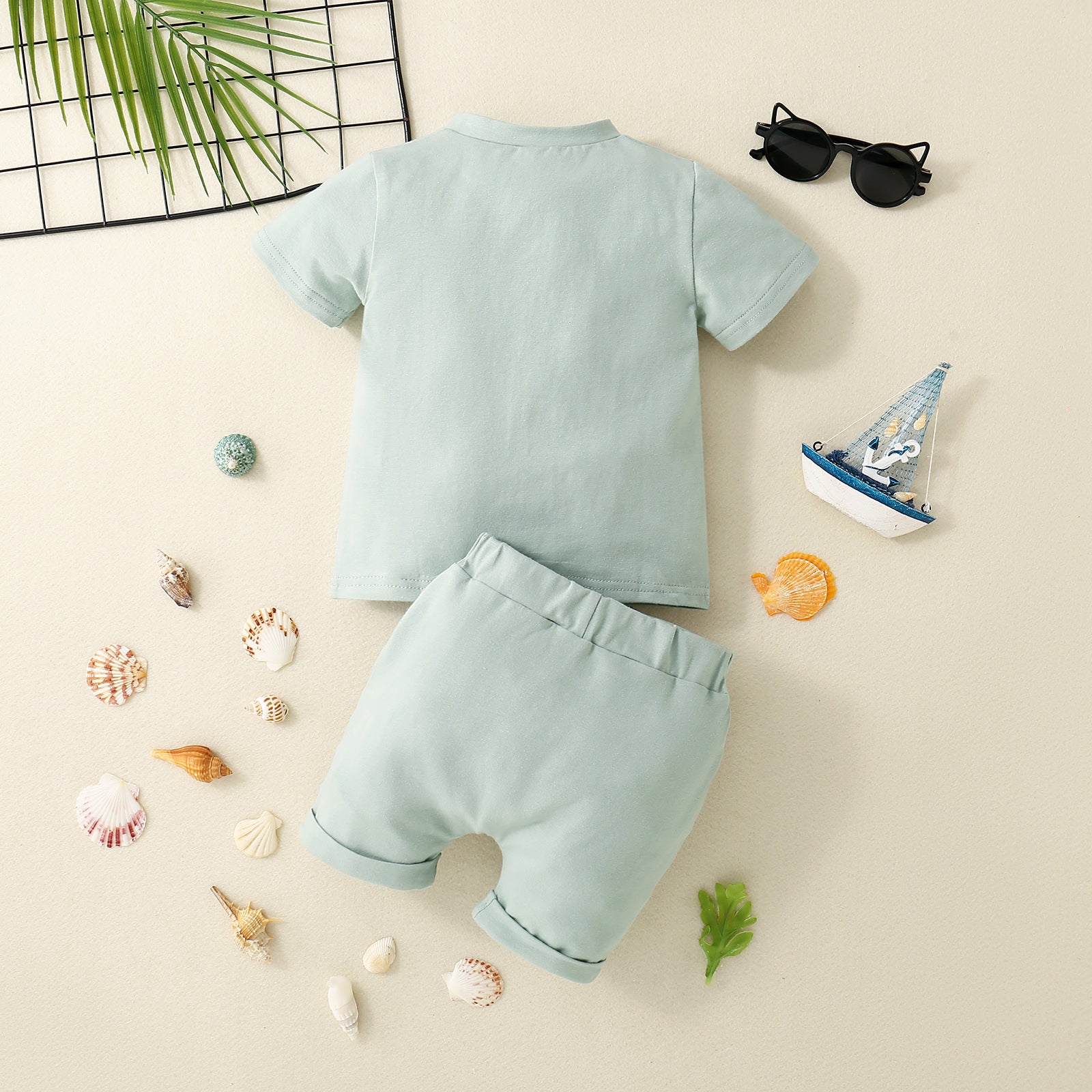 Boys' Open Collar Solid Color Stitching Short-sleeved Shorts Two-piece Set