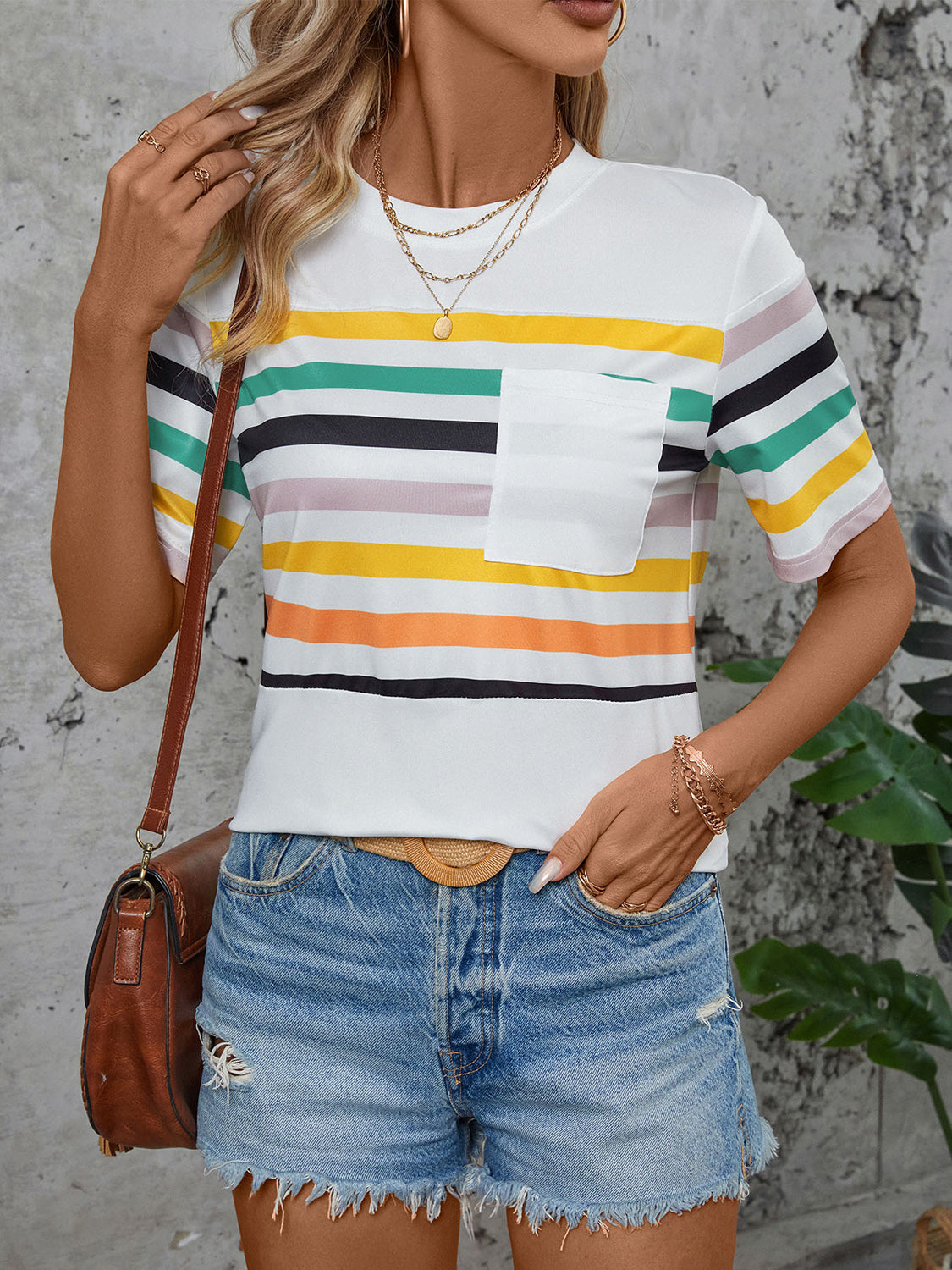 Striped Round Neck Short Sleeve T-Shirt - Babbazon New Products