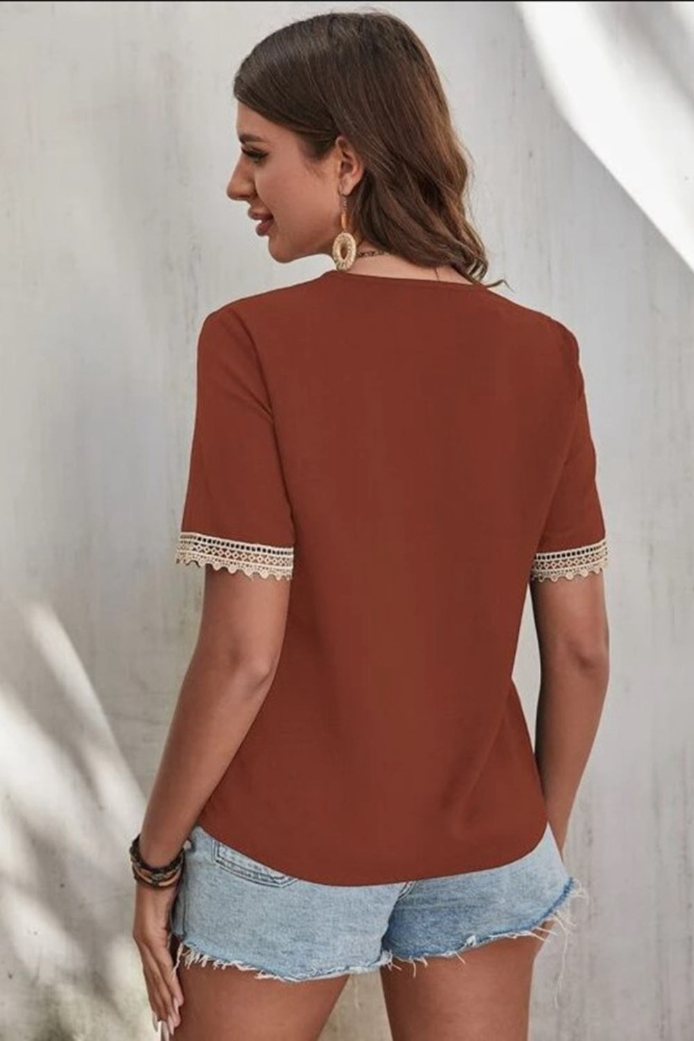 Full Size Lace Detail V-Neck Short Sleeve Blouse 