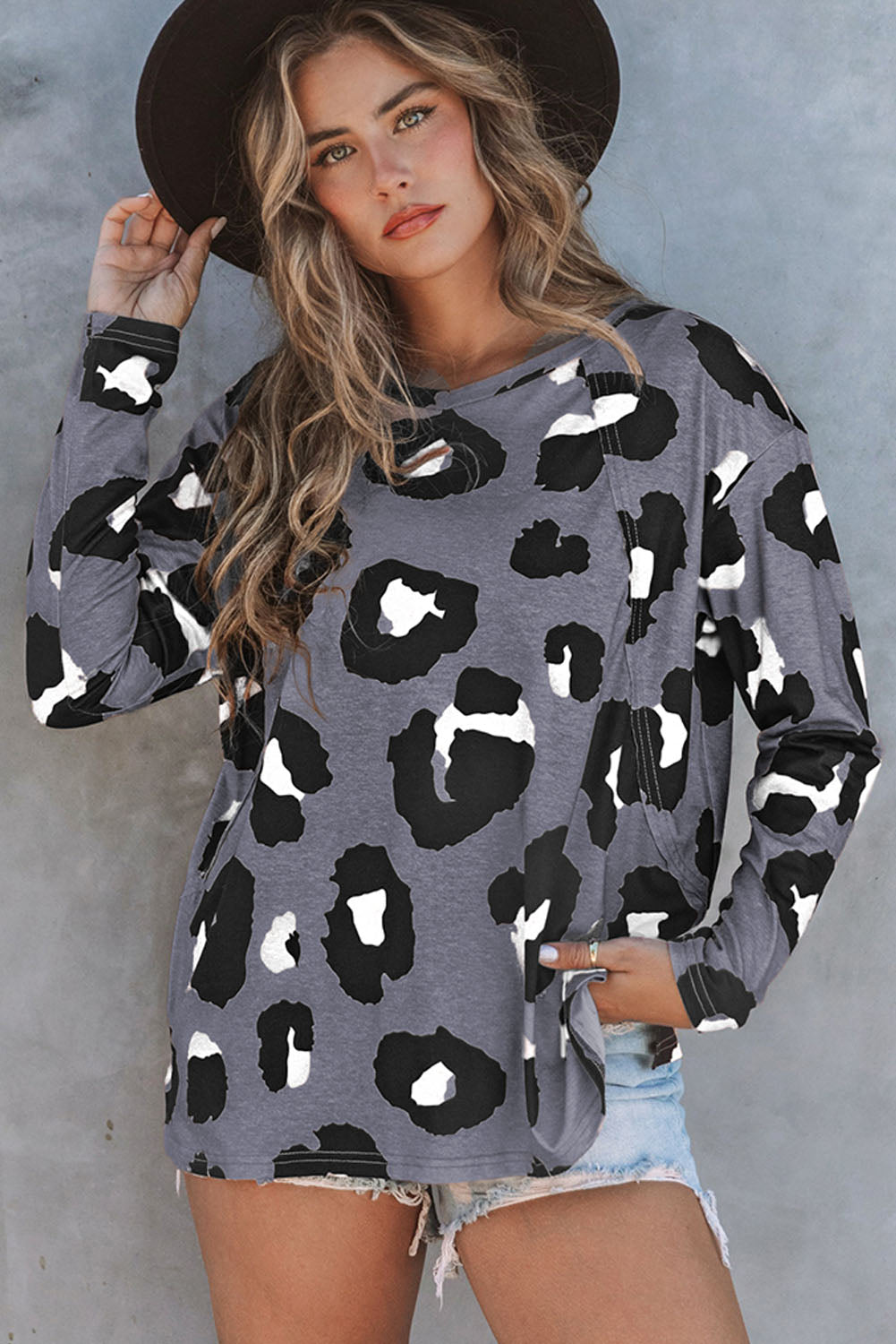 White Leopard Print Casual Loose Long Sleeve Top - Babbazon Long Sleeve Tops