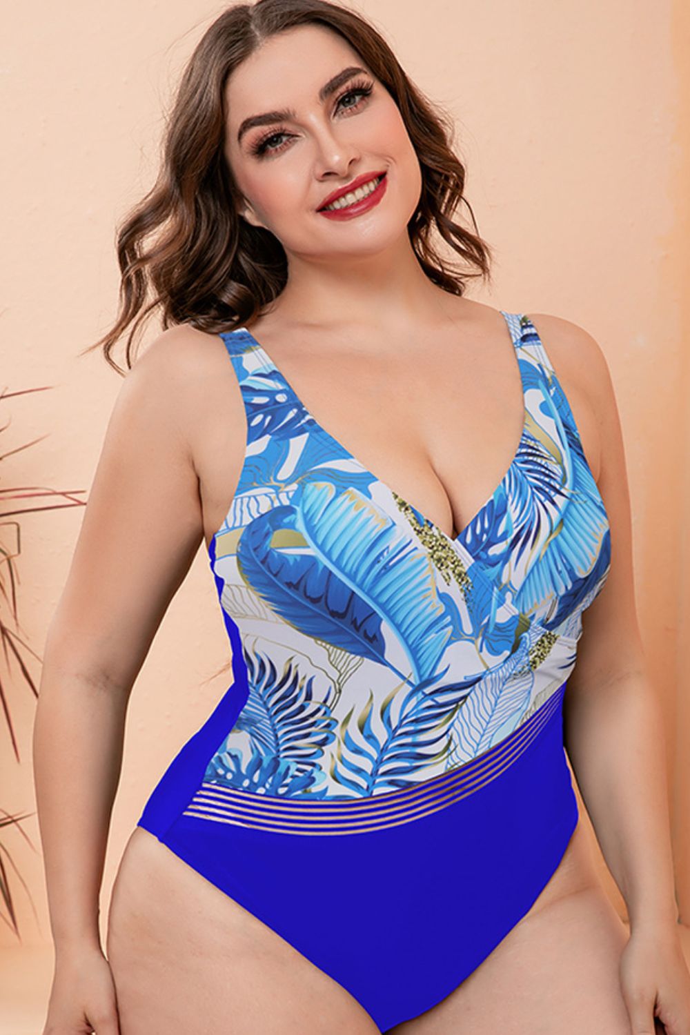 Full Size Two-Tone Plunge One-Piece Swimsuit 