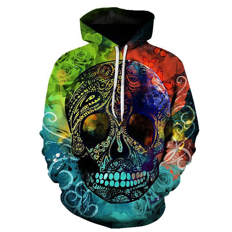 European And American Foreign Trade 3D Color Skull Printed Hood Pocket Pullover Sweater