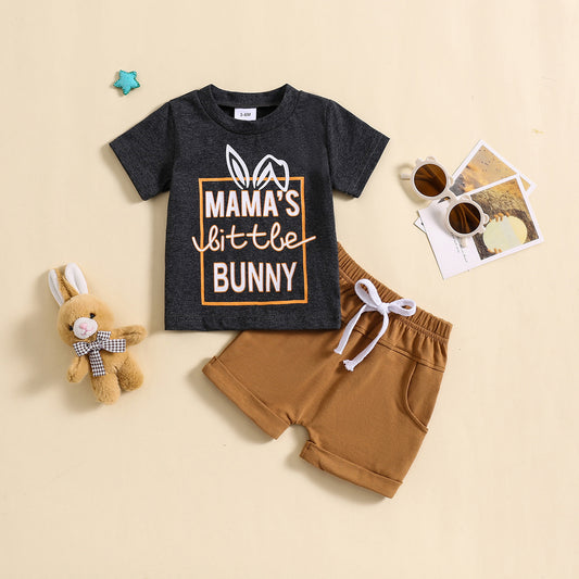 Bunny Letter Print Short-sleeve Top Solid Color Shorts Two-piece Set