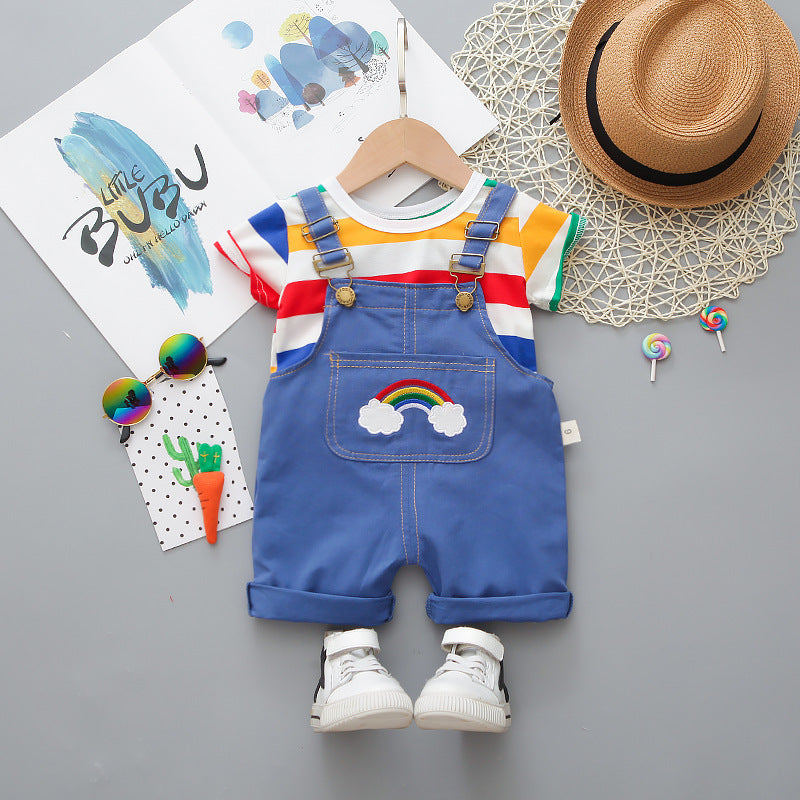 Two Large Striped Round Neck Short-Sleeved Rainbow Suspenders Shorts