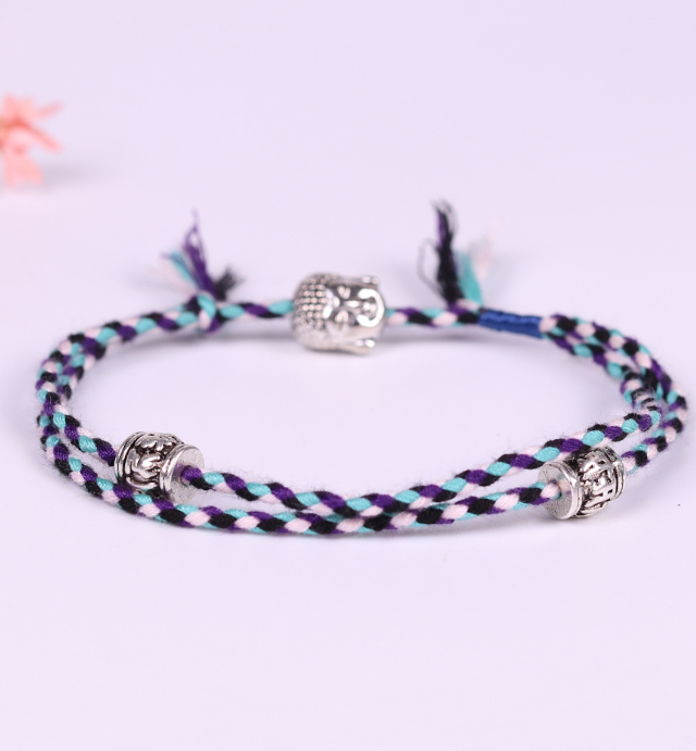 Hand-woven colorful lucky rope bracelet adjustable silver Buddha head double simple bracelet