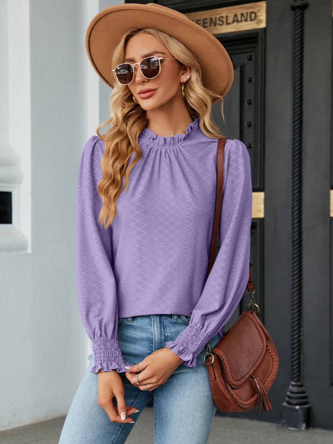 Frill Mock Neck Lantern Sleeve Blouse