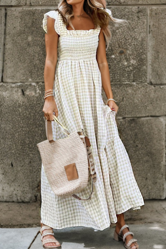 Khaki Plaid Ruffled Sleeveless Smocked Maxi Dress - Babbazon Maxi Dresses