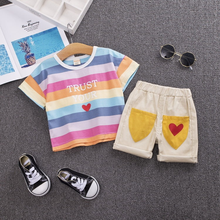 Two Large Striped Round Neck Short-Sleeved Rainbow Suspenders Shorts