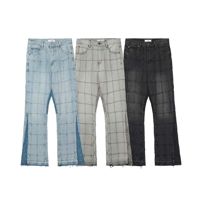 Patchwork Checked Raw Edge Jeans Men's Loose Straight Leg Pants