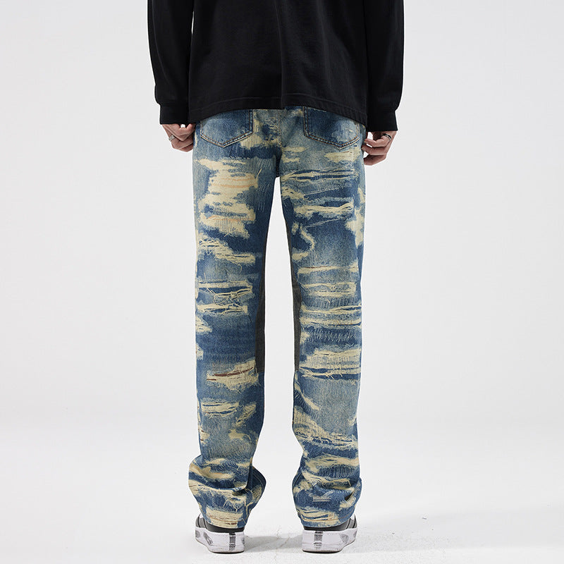 Washed Printed Straight Personality Street Fashionable Denim Trousers