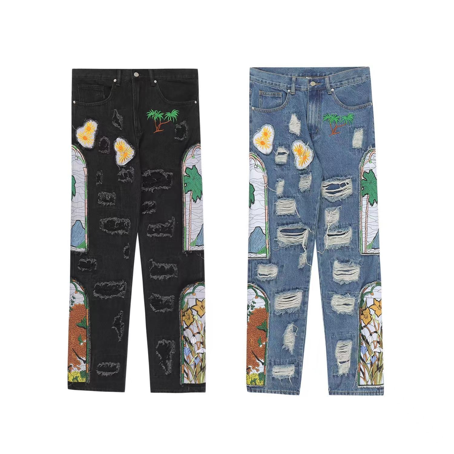 Machine Embroidery Patch Straight-leg Denim Trousers