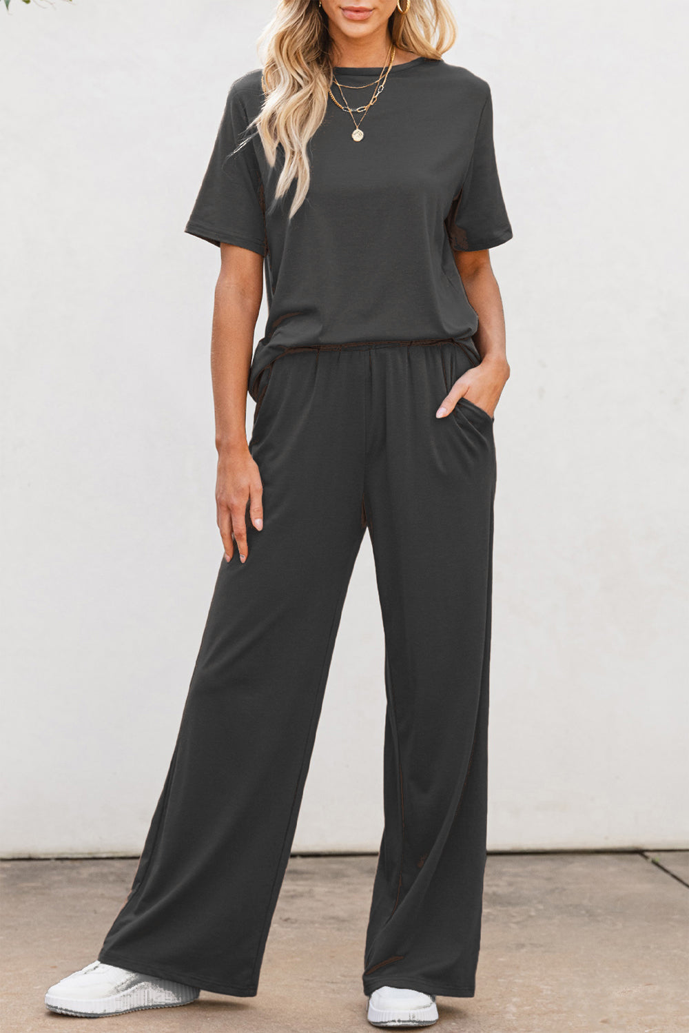 Round Neck Short Sleeve Top and Pants Set - Babbazon new